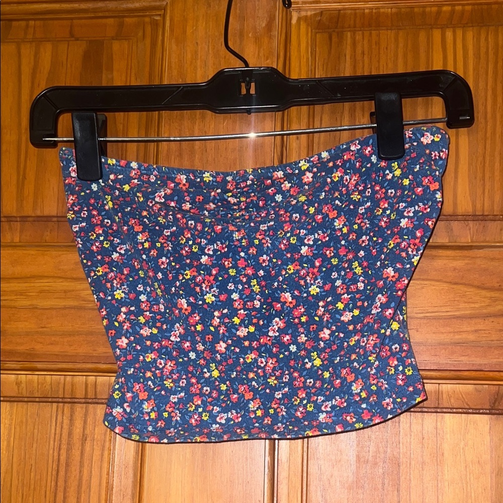 Garage Navy Floral Strapless Crop Top